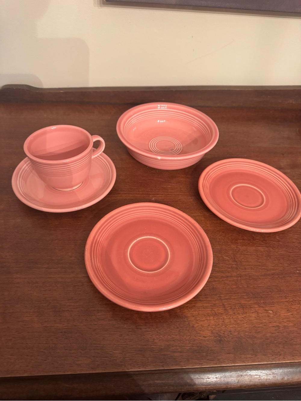 Vintage Fiesta Ware Rose Pink Cup, Saucers, and Bowl